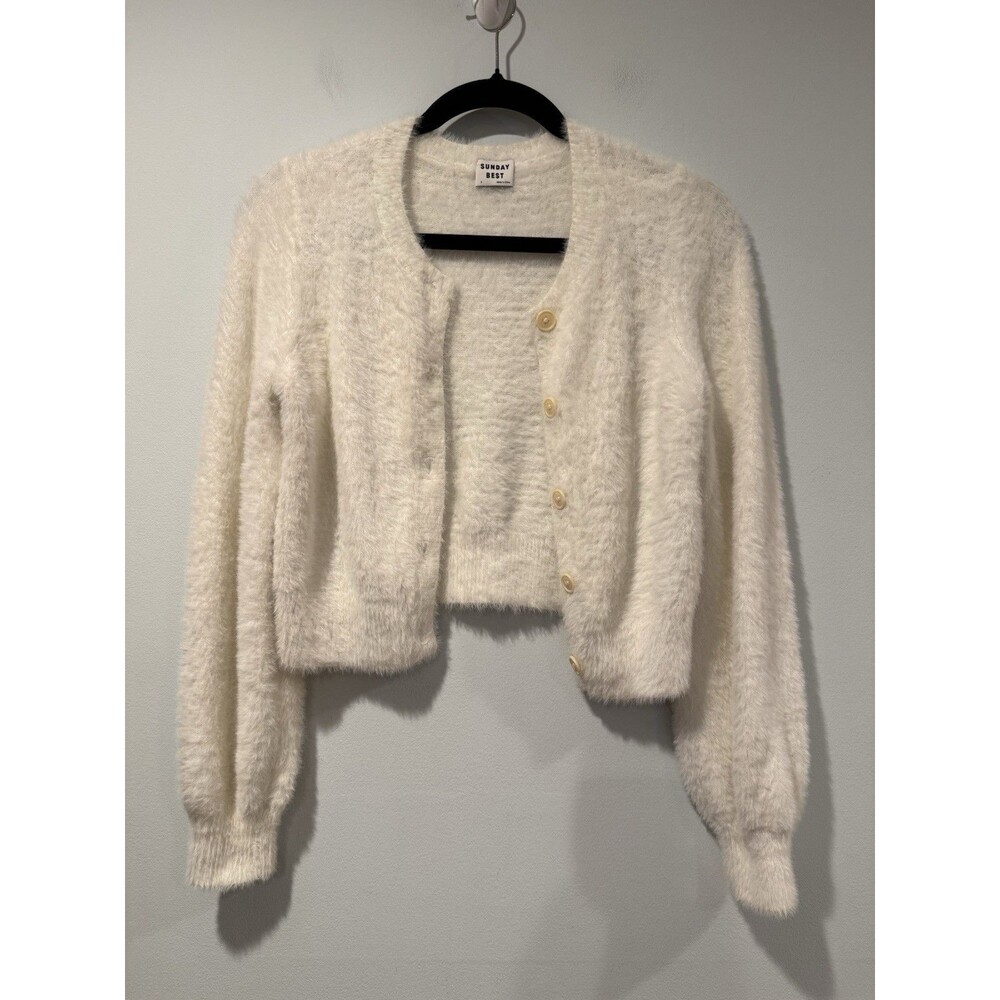 Sunday Best Aritzia Fuzzy Cardigan Womens Small White Minimalist Preppy Coquette